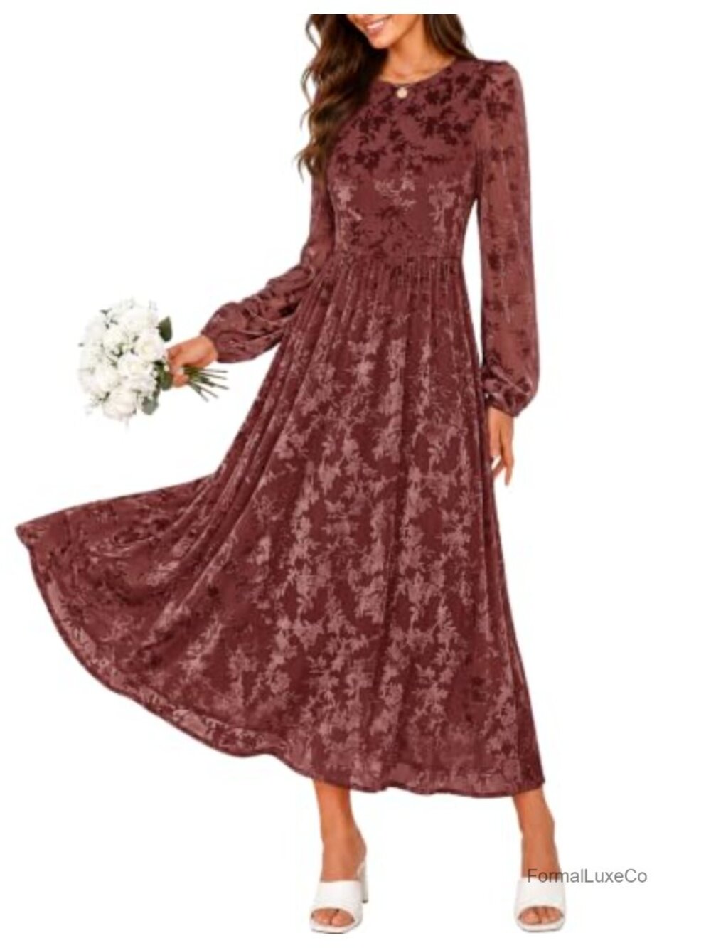 Floral Midi Dress Lantern Long Sleeve A-Line High Waist Boho
